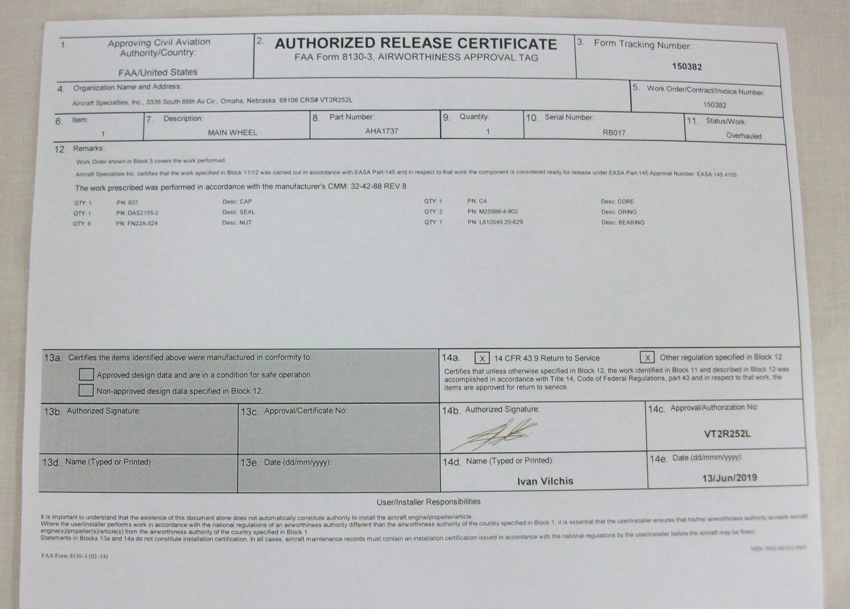 Jetstream 32 Main Wheel Certification